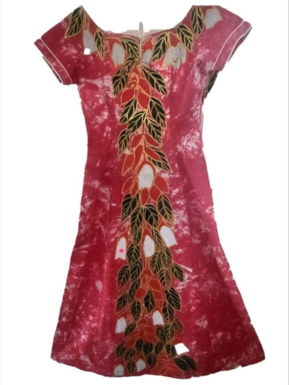 Vintage 1960s Red Hawaiian Pake Muu Dress with Metallic Gold Pai Custom Made Med